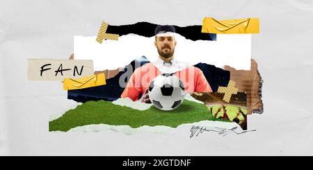 L'essenza del fandom del calcio, con giocatori sicuri, palloni da calcio e scene entusiastiche dello stadio, incarnano lo spirito del gioco. Collage creativo. Foto Stock