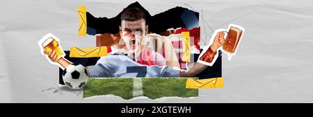 Collage creativo che mette in mostra le emozioni dei tifosi di calcio, con tifo intenso, birra celebrativa e pallone da calcio, catturando appassionati ed energici Foto Stock