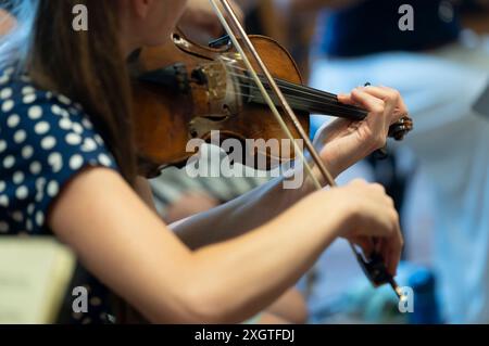 Primo piano della mano che suona il violino Foto Stock