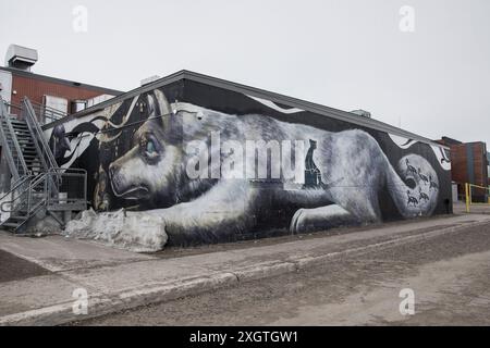 Cane da slitta e murale di musher al Qikiqtani General Hospital di Iqaluit, Nunavut, Canada Foto Stock