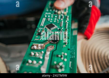 Primo piano di una scheda a circuito stampato verde con componenti elettronici e foro bruciato. Riparazione di elettronica di consumo, saldatura di chip elettronici. Foto Stock