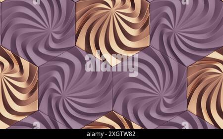 Illustrazione 3D di pannelli 3D in rilievo sotto forma di esagoni con struttura ondulata realizzati in diversi materiali di colore cromo verde metallo e guscio grigio Foto Stock