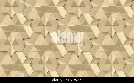 Questa illustrazione presenta un motivo geometrico senza cuciture composto da stelle dorate 3D interbloccate su un sottile sfondo beige, ideale per le wallpape Foto Stock