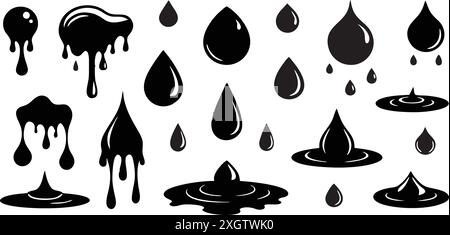 Le gocce d'acqua impostano diversi tipi su sfondo bianco Illustrazione Vettoriale