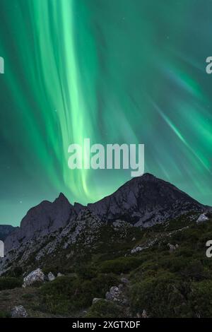 Un'esposizione primaverile mozzafiato dell'aurora boreale, che si estende in vivaci tonalità verdi sopra un aspro paesaggio montano sotto un cielo stellato Foto Stock