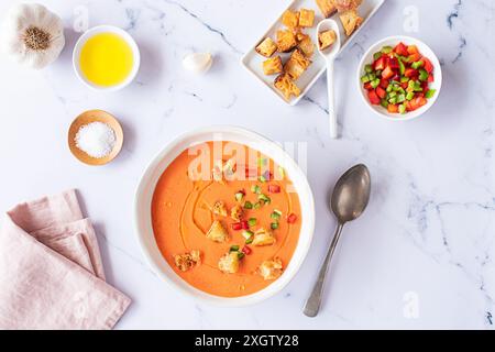 Vista dall'alto di una tradizionale zuppa spagnola di gazpacho di pomodoro servita con crostini e verdure a dadini, oltre all'olio d'oliva e all'aglio, disposta su un marmo Foto Stock