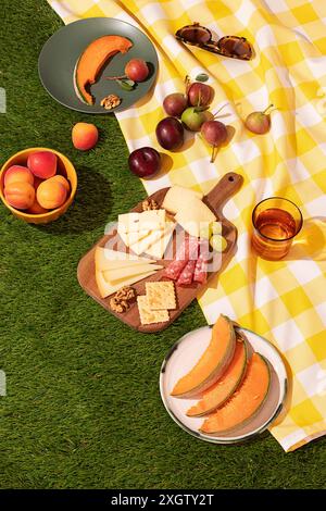 Vista dall'alto della vivace scena estiva per picnic sull'erba verde, con una coperta gialla e bianca a scacchi con una selezione di frutta fresca, formaggi, e. Foto Stock