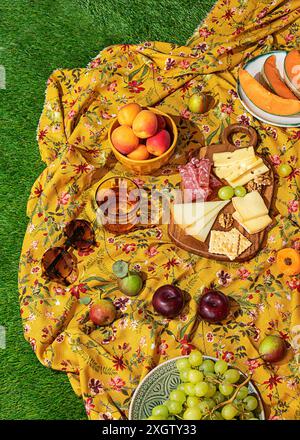 Un'invitante scena estiva per picnic con una varietà di spuntini e frutta splendidamente allestita su una vibrante coperta a motivi floreali su un verde lussureggiante gr Foto Stock