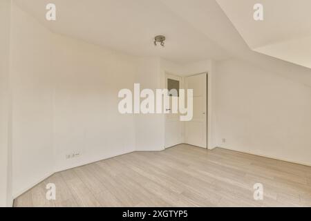 Una camera spaziosa dal design minimalista, pareti bianche e pavimento in legno chiaro, pronta per uno stile di interni personalizzato. Foto Stock