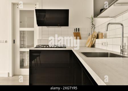 L'elegante cucina moderna è dotata di elettrodomestici di fascia alta, armadi monocromatici e ripiani eleganti, completi di illuminazione ambientale Foto Stock