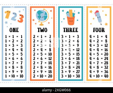 Set vettoriale tabelle orari. Tabella di moltiplicazione stampabile di uno, due, tre e quattro. Modello di stampa matematica per gli studenti delle scuole elementari in Illustrazione Vettoriale