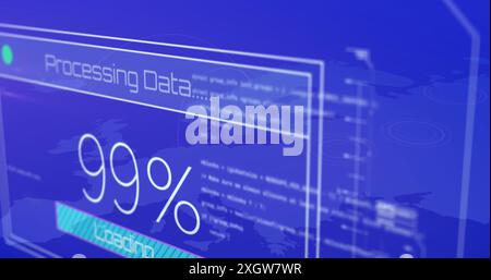 Immagine del caricamento del 100% dell'elaborazione dei dati rispetto alla mappa del mondo blu. Composito digitale, comunicazione globale, tecnologia, cloud computing, dati, conne Foto Stock