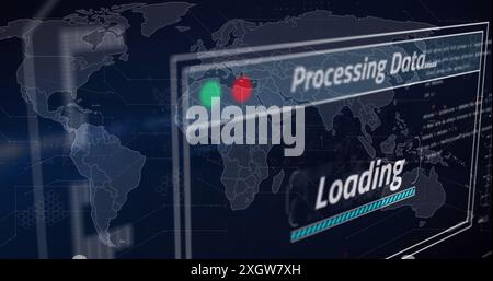Immagine del caricamento dei dati sulla mappa mondiale. Composito digitale, comunicazione globale, tecnologia, cloud computing, dati, connessione, artificiale Foto Stock