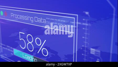 Immagine del caricamento del 100% dell'elaborazione dei dati rispetto alla mappa del mondo blu. Composito digitale, comunicazione globale, tecnologia, cloud computing, dati, conne Foto Stock
