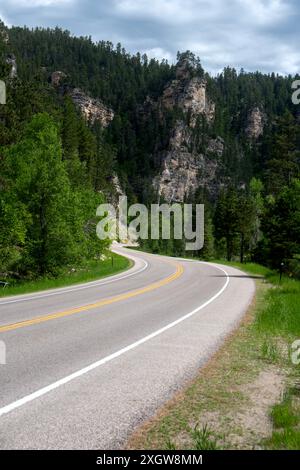 Guardando l'autostrada 14A a Spearfish Canyon, nelle Black Hills del South Dakota Foto Stock