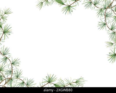 Rami di pino verde. Arco europeo o albero di Larix (Larix decidua). Bellissimo bordo orizzontale con tema naturale. Illustrazione acquerello. Foto Stock