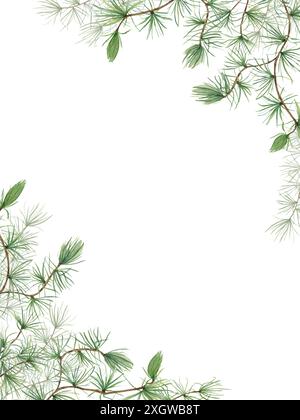 Filiali Evergreen. Arco europeo o albero di Larix (Larix decidua). Cornice verticale per le feste con tema naturale. Illustrazione acquerello. Copia spazio Foto Stock