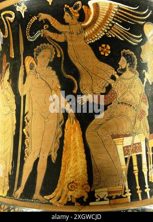 Giasone che porta Pelia il Toson d'oro, pugliese a figura rossa calyx krater, c. 340 a.C.–330 a.C., Louvre Foto Stock