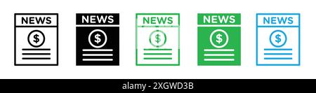 Icona delle notizie finanziarie con il logo che indica il contorno vettoriale in bianco e nero Illustrazione Vettoriale