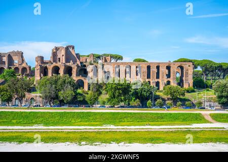 Una vista delle rovine della Domus Severiana sul Palatino dal Circo massimo a Roma, Italia. L'antico palazzo romano è visibile in lontananza, con un'area erbosa in primo piano. Foto Stock