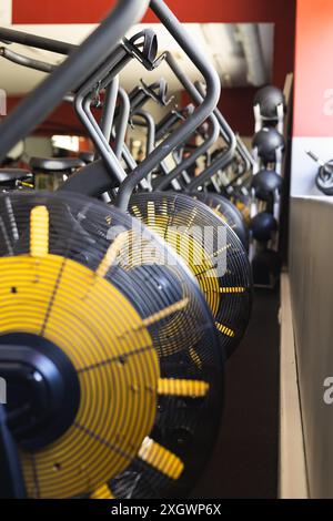 Macchine per vogare in palestra, pronte per una sessione di allenamento. Gli appassionati di fitness utilizzano queste macchine per l'allenamento cardiovascolare e muscolare. Foto Stock