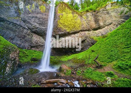 Le maestose cascate Latourell si tuffano nella tranquilla piscina con vista ad angolo basso Foto Stock