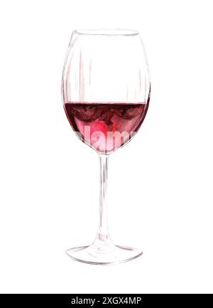 Bicchiere di vino rosso. Illustrazione acquerello in colori pastello su sfondo bianco. Il disegno è disegnato a mano. Adatto per carte, inviti e testo Foto Stock