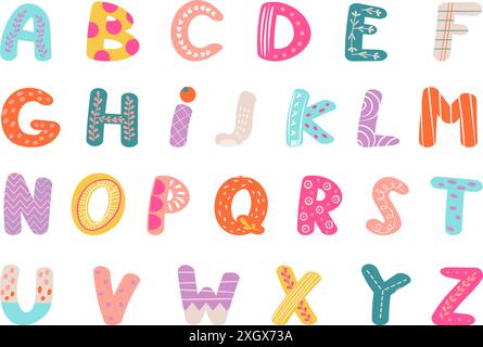 Lettere dei cartoni animati disegnate a mano. Alfabeto scandinavo Doodle con ornamenti decorativi. Insegne per bambini, carini cartoni animati infantili, elementi vettoriali Illustrazione Vettoriale