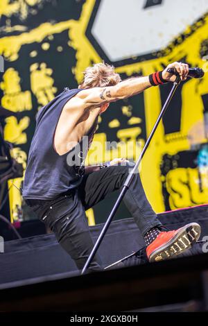 Milano Italia. 9 luglio 2024. La rock band canadese SUM 41 si esibisce dal vivo sul palco dell'Ippodromo SNAI San Siro durante gli "i-Days Milano Coca-Cola 2024". Foto Stock