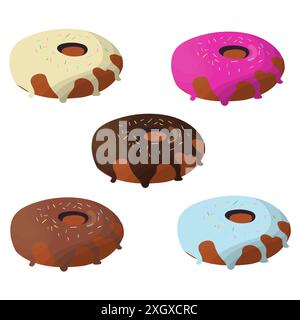 Ciambelle. Pasticceria rotonda e pasticceria decorata con pamada dolciaria. Delizioso dessert nazionale americano. Illustrazione Vettoriale