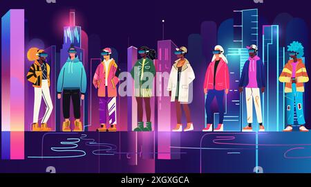 La comunità di realtà virtuale raggruppa il panorama urbano futuristico individui diversi che indossano occhiali VR colori neon vivaci sfondo urbano moderno Illustrazione Vettoriale