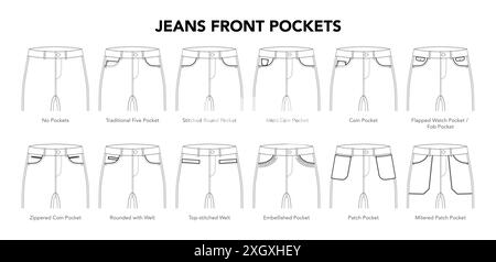 Set di tasche frontali Jeans sui pantaloni - tradizionale Five Round , Coin Welt, illustrazioni tecniche alla moda. Modello abbigliamento piatto. Donne, uomini, CAD unisex, mockup isolato su sfondo bianco Illustrazione Vettoriale