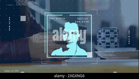 Immagine di foto biometriche elaborazione dati su uomo caucasico tramite smartphone Foto Stock