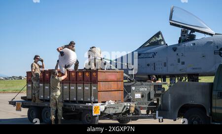 I tecnici dei sistemi di armamento degli aeromobili del 124th Maintenance Group dell'Idaho Air National Guard scaricano colpi da 30 mm durante un esercizio di valutazione del sistema di armi presso la Hill Air Force base, Utah, 11 giugno 2024. L'A-10 è equipaggiato con il GAU-8/Un Gatling a sette canne e può sparare 3.900 colpi al minuto. (Foto della U.S. Air National Guard del Senior Master Sgt. Joshua C. Allmaras) Foto Stock