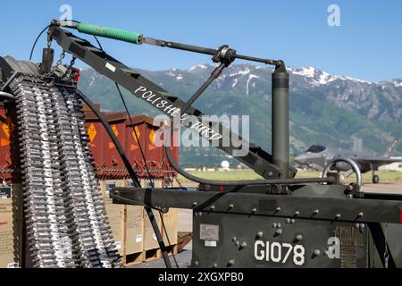 I tecnici dei sistemi di armamento degli aeromobili del 124th Maintenance Group dell'Idaho Air National Guard scaricano colpi da 30 mm durante un esercizio di valutazione del sistema di armi presso la Hill Air Force base, Utah, 11 giugno 2024. L'A-10 è equipaggiato con il GAU-8/Un Gatling a sette canne e può sparare 3.900 colpi al minuto. (Foto della U.S. Air National Guard del Senior Master Sgt. Joshua C. Allmaras) Foto Stock