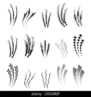 Illustrazioni delle linee astratte. Tratti di pennello dinamici. Forme geometriche vettoriali. Modelli d'onda monocromatici. Illustrazione Vettoriale