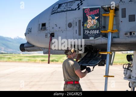 I tecnici dei sistemi di armamento degli aeromobili del 124th Maintenance Group dell'Idaho Air National Guard scaricano colpi da 30 mm durante un esercizio di valutazione del sistema di armi presso la Hill Air Force base, Utah, 11 giugno 2024. L'A-10 è equipaggiato con il GAU-8/Un Gatling a sette canne e può sparare 3.900 colpi al minuto. (Foto della U.S. Air National Guard del Senior Master Sgt. Joshua C. Allmaras) Foto Stock