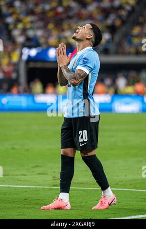 L'attaccante uruguaiano Maximiliano Araújo (20 anni) reagisce durante una partita dei quarti di finale della Copa America 2024 contro il Brasile, sabato 6 luglio 2024, all'Allegiant Stad Foto Stock