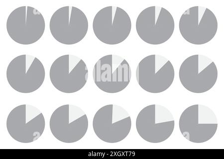 Set di grafici a torta grigi con segmenti di varie dimensioni. Icone vettoriali semplici per la rappresentazione dei dati. Ideale per infografiche e presentazioni. Illustrazione Vettoriale
