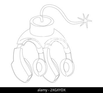 Una linea continua di bomba con le cuffie. Concetto del vettore dell'illustrazione a linee sottili. Idee creative per il disegno dei contorni. Illustrazione Vettoriale