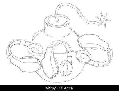 Una linea continua di bomba con le cuffie. Concetto del vettore dell'illustrazione a linee sottili. Idee creative per il disegno dei contorni. Illustrazione Vettoriale