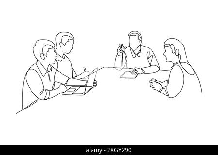 Lavoratori in ufficio durante una riunione di lavoro in un'illustrazione continua del disegno in linea Illustrazione Vettoriale