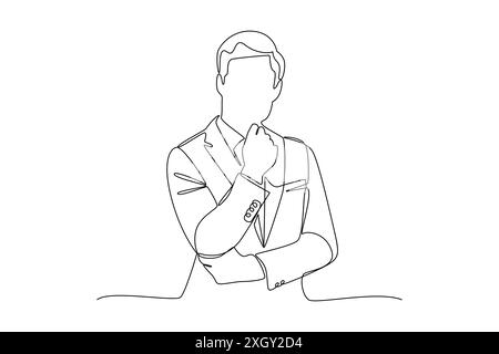 Continuo disegno di una linea di un uomo d'affari che pensa con la mano sul mento. Illustrazione uomo pensante Illustrazione Vettoriale