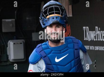 Baltimora, Stati Uniti. 9 luglio 2024. BALTIMORE, MD - 10 LUGLIO: Il ricevitore dei Chicago Cubs Miguel Amaya (9) prima di una partita della MLB tra i Baltimore Orioles e i Chicago Cubs, il 10 luglio 2024, all'Orioles Park a Camden Yards, a Baltimora, Maryland. (Foto di Tony Quinn/SipaUSA) credito: SIPA USA/Alamy Live News Foto Stock