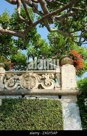 Rami contorti sopra, una balaustra ornata in pietra scolpita con urne e gerani rossi a Villa del Balbianello sul Lago di Como, Italia. Foto Stock