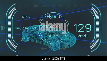 Immagine del tachimetro e del livello di potenza sul progetto della vettura su sfondo nero. Energia verde, auto elettriche, design e concetto tecnologico generi digitali Foto Stock