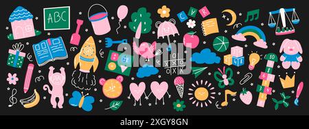 Coloratissimi elementi disegnati a mano per la cura dell'infanzia. Rocket, hopscotch, giocattoli, libro, palloncino, casa, frutta e altri elementi Illustrazione Vettoriale