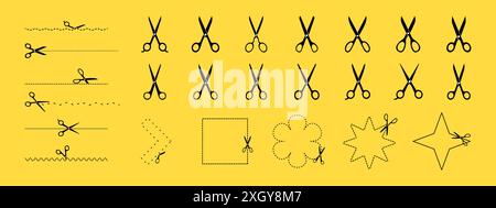 Forbici e linee tratteggiate e forme geometriche isolate su sfondo giallo. Simbolo taglia qui Illustrazione Vettoriale