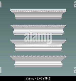 Parete e soffitto, classico cornicione in gesso bianco con ornamento. Set di illustrazioni vettoriali 3d realistiche con finiture a corona per interni classici. Decorazione della base della sporgenza in polistirolo con motivo Illustrazione Vettoriale