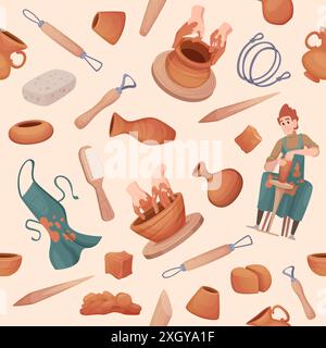 laboratorio di argilla. sfondi senza cuciture con maestri di argilla che creano caraffe motivo vettoriale decorativo Illustrazione Vettoriale